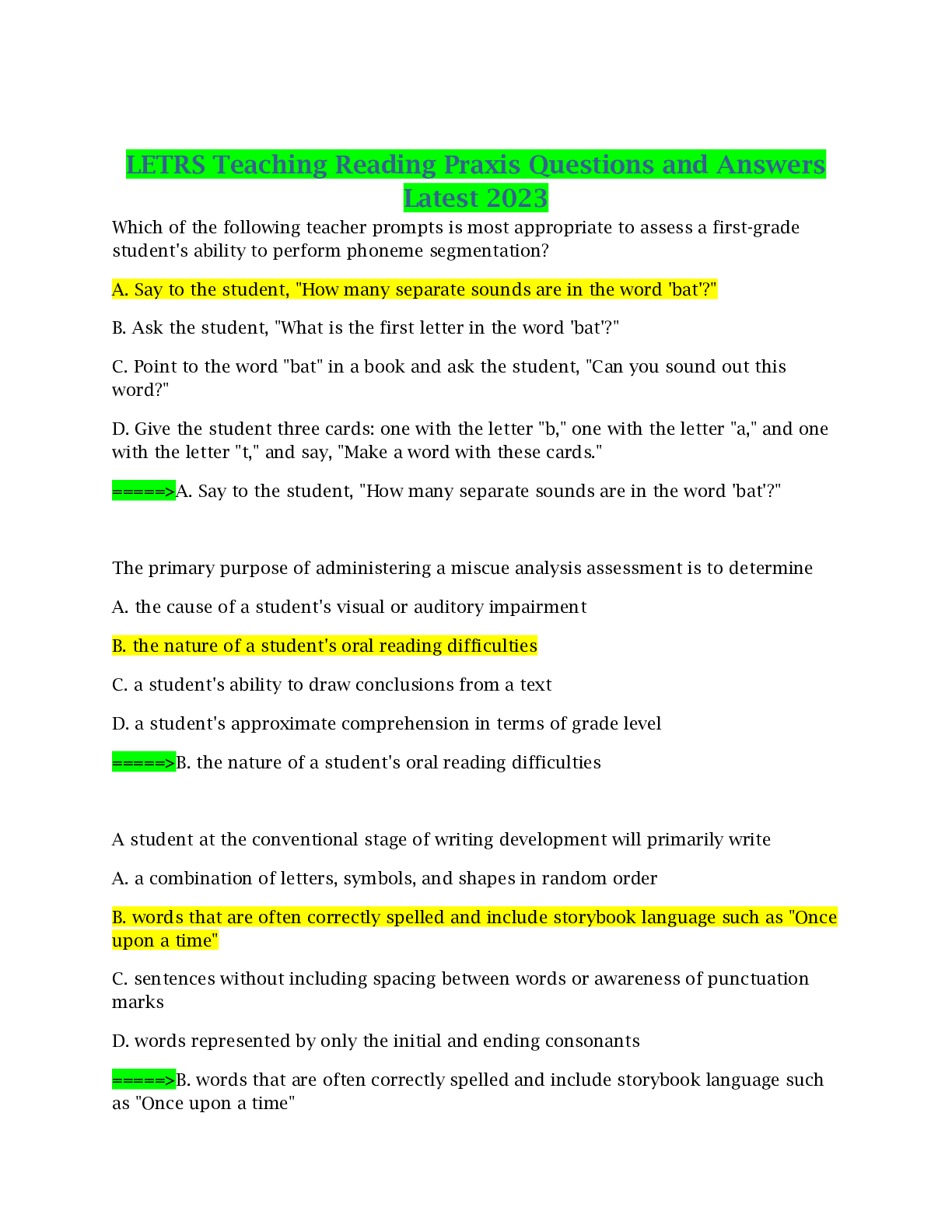 Preview image for LETRS Teaching Reading Praxis Questions and Answers Latest 2023